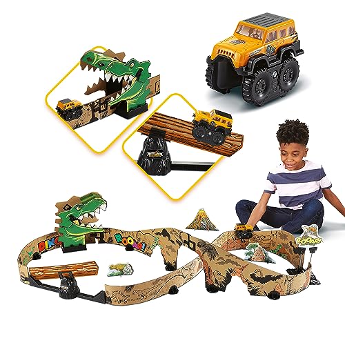 VTech - Car-Board Racers, Circuit Voitures Dino Adventure, Pistes de Course en Carton Recyclé* Extensibles à l’Infini avec Voiture Tout-Terrain Motorisée, Cadeau Enfant Dès 5 Ans - Contenu en Français