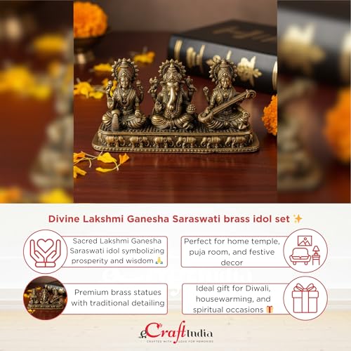 Image of eCraftIndia Brass Goddess Lakshmi Ganesha Saraswati Idol Murti Statue for Home Decor, Pooja Room Temple