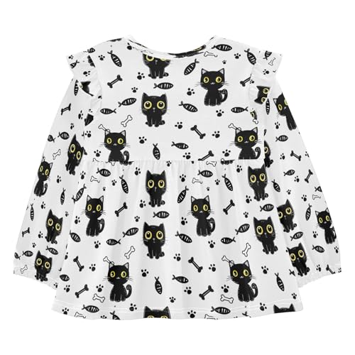 Black Cat Footprint with Fishes Girls Shirts Cotton Long Sleeve Ruffle Toddler Tee Tops2