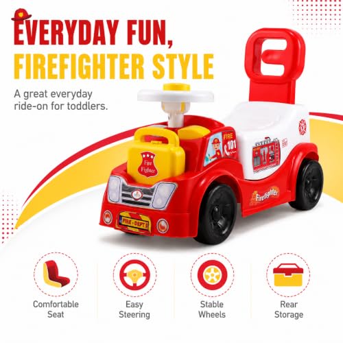 Image of Fire Fighter Ride On Toy for Kids 2-5 Years with LED Lights, Fire Truck Siren, Front & Rear Storage, Foot to Floor Ride On Car with Comfortable Backrest, Ride On Car for Boys & Girls