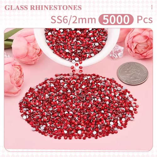 Image of 5000PCS SS6 /2mm Crystal Glass Rhinestones for Bedazzling (Red /Siam) | Flatback Rhinestones for Crafting DIY Nail Art Makeup Decoration, Gems Diomand Charms for Tumbler Shoes Clothing Mug