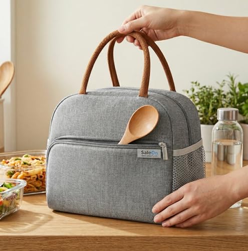 Image of SaleOn Insulated Lunch Bag for Women /Men /Adult, Lunch Box Lunch Bag Women, Small Leakproof Cute Lunch Tote Large Capacity Reusable Lunch Container for Work /Office /Picnic /Beach (Grey)