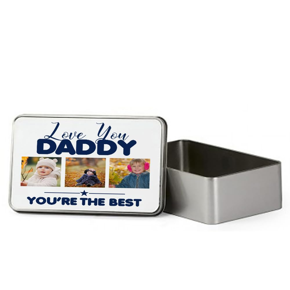Giftme Personalised Photo, Love You Daddy You're The Best, Metal Tin Storage Box, Biscuit, Chocolate,Tin, Emergency Stuff Tin. (Rectangular)