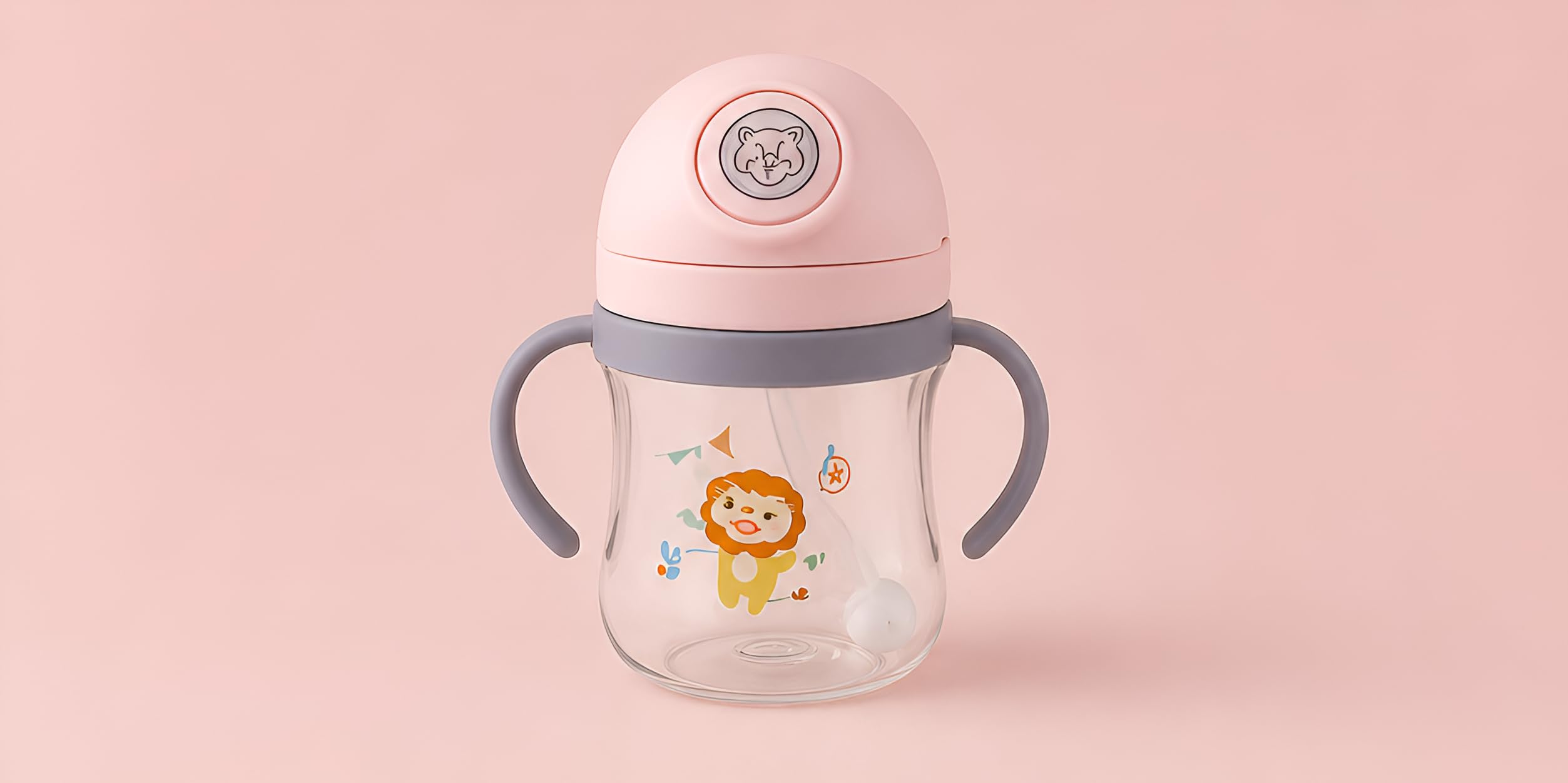 baby sipper cup with easy grip handles, safe plastic, cute cartoon theme, lightweight toddler straw cup for kids (pink)