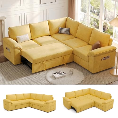 Image of 85 Inch Modular Sectional Sofa with Pull Out Bed, L Shaped 5 Seat Sectional Sleeper Sofa with Storage, Sectional Couches for Living Room, Cloud Modular Couch,Removable Sofa Cover,Yellow