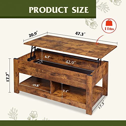 Image of WLIVE Coffee Table, 47 inch Lift Top Coffee Table with HiddenCompartment and 2 Storage Shelves for Living Room, RusticBrown