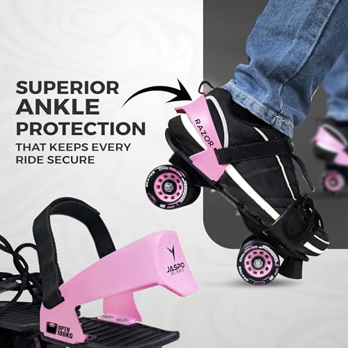 Image of JASPO Razor Adjustable Roller Skates | Unique Ankle Support | 61mm PU Wheels | Anti-Skid Surface | Lightweight | Quad Skates for Kids & Adults (Size 25-31 cm, Age 8+)
