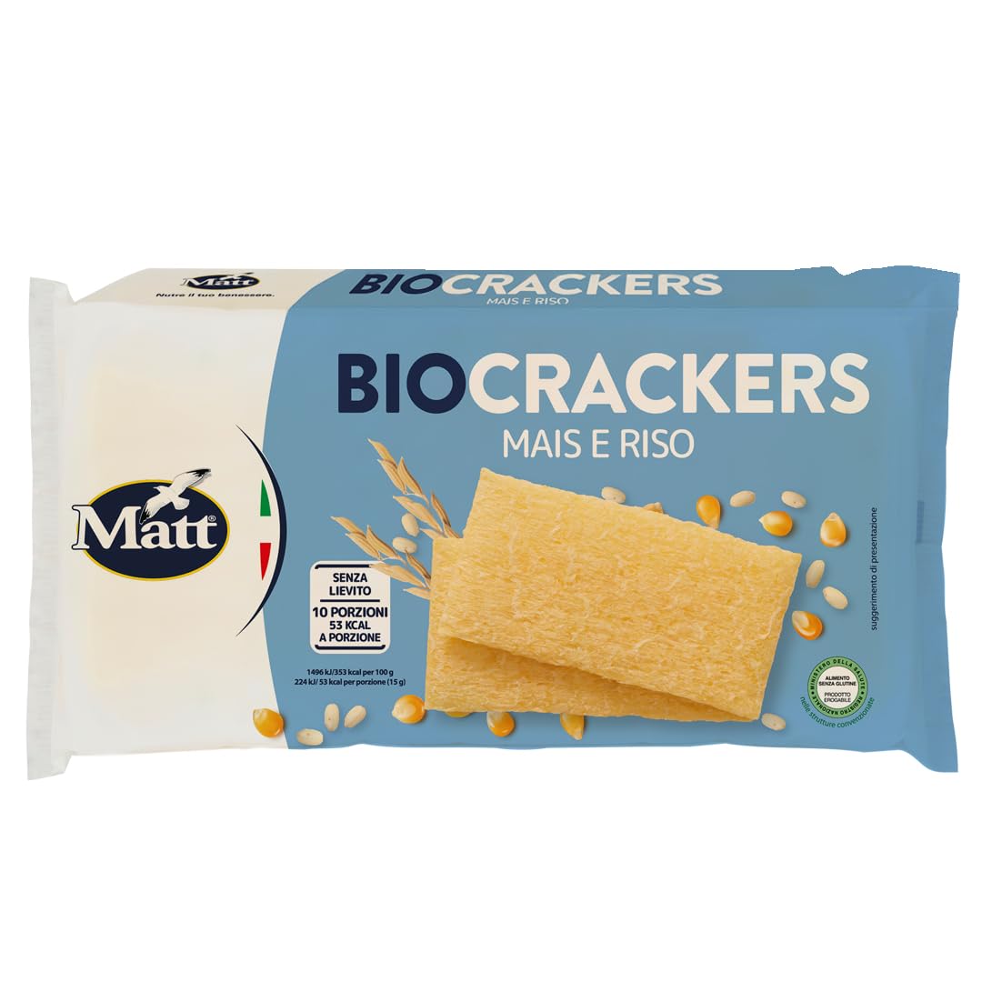 Matt, BioCrackers Mais e Riso, Prodotto Vegetale Senza Glutine, Senza Lievito, a Basso Contenuto di Grassi, Snack Croccante Adatto in Qualsiasi Momento della Giornata, Confezione da 150 g