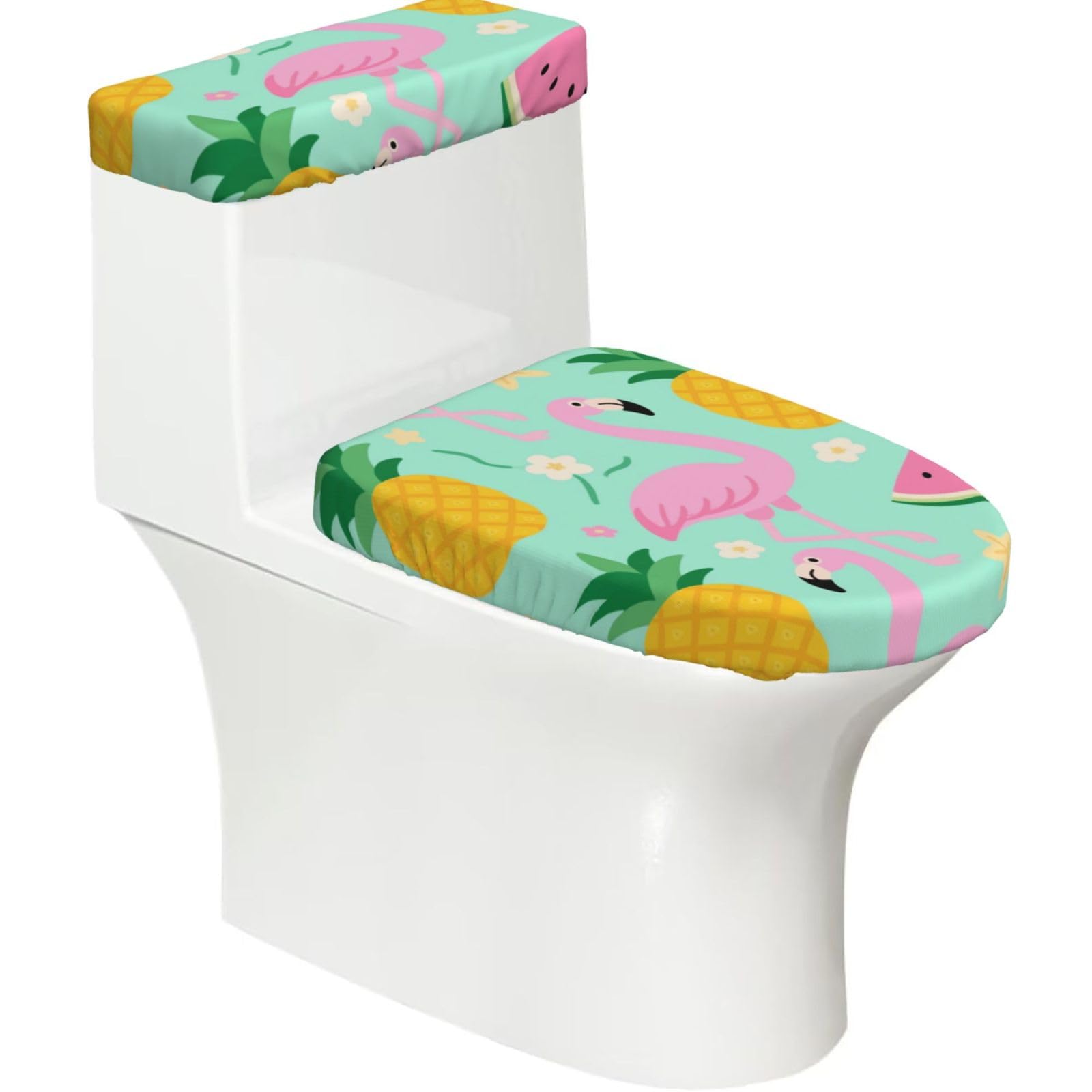 FekiLoot Pineapple Watermelon Flamingo Toilet Lid Cover and Toilet Tank Cover Set of 2,Dust Splash Resistant Toilet Top Covers Soft Washable Toilet Lid Seat Cover for Bathroom Office Home Decor