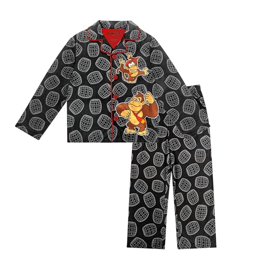 Super Mario Donkey Kong Boys Pajama Set - 2 Piece Kids Button Down Long Sleeve Coat Style Matching PJs - Official Product