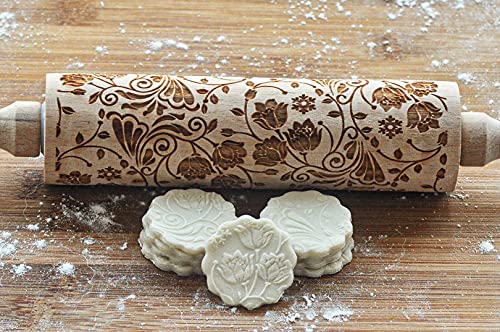 Cosybeau Embossed Rolling Pins For Valentines Day Baking, 17 Inch Large Wooden Roller Pin With Designs Pattern, Gift For Wedding, Holiday, Mother, Friends (Lotus) #TOP1