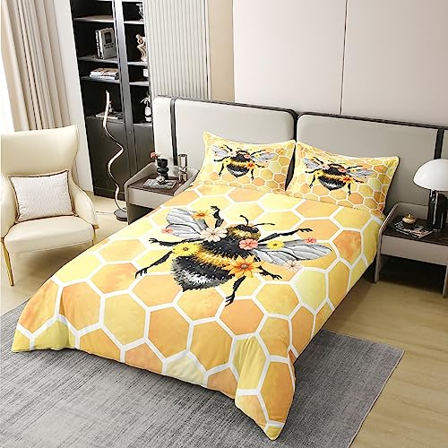 100% Cotton Bee Comforter Cover Single,Cute Bee with Flower Bedding Set 2Pcs for Kids Boys Girls,Geometric Honeycomb Hexagon Print Duvet Cover,Insect Animal Theme Bedding Collection Luxury - Image 3