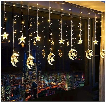 Nyganmelloz 138 LED Star Curtain String Lights, Window Curtain String Light Moon Star String Light for Ramadan Wedding Party Home Garden Bedroom Decorations-EU plug(Warm White)
