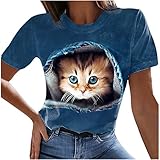 Masrin Katze Tier T-Shirt für Frauen Lässig Abstrakte 3D-Druck Tops Kurzarm O-Ausschnitt Tunika Bluse Katze Besitzer Liebhaber Geschenk(M,Dunkelblau)