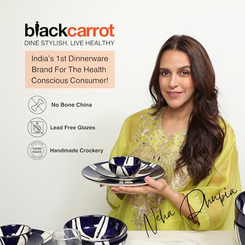 Image of BlackCarrot Ceramic Dinner Set, Blue Splash Set of 21 Pieces | Stoneware Series | Glossy Finish Crockery Set for Dining Table | Premium Ceramic Dinnerware (Blue & White)