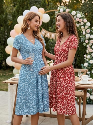 Image of OUGES Maternity Nursing Dress Breastfeeding Short Sleeve V Neck Casual Pregnancy Clothes with Pockets