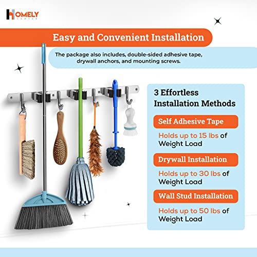 Broom Holder Wall Mount - 16" Wall Stud Installation Broom Mop Holder Wall Mounted - Broom Hanger with 3 Unit Clamps and 4 Utility Hooks for Storage, Closet - Broom Organizer Wall Mount - Broom Rack 6 51 g8SfFQDL