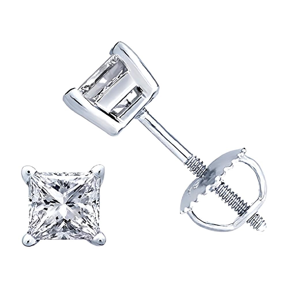 PARIKHS Princess Cut Diamond Stud Earrings – Popular Quality, Screw Back, 14K White Gold (0.06 ctw, Clarity I2)