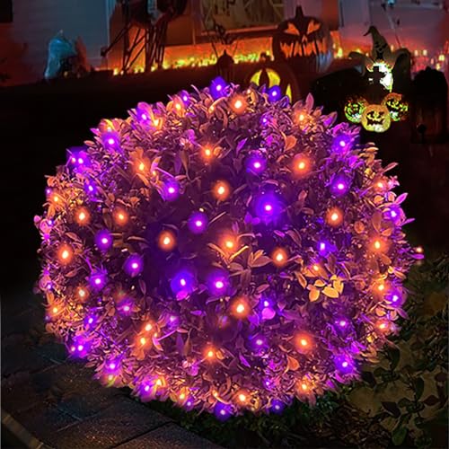 HISHINY Halloween Lights Outdoor 100LED 5ftx5ft Net Lights with Connectable Waterproof UL Certified and Durable Green Wire Design for Bushes Trees Halloween Decorations Outdoor(Purple&Orange)