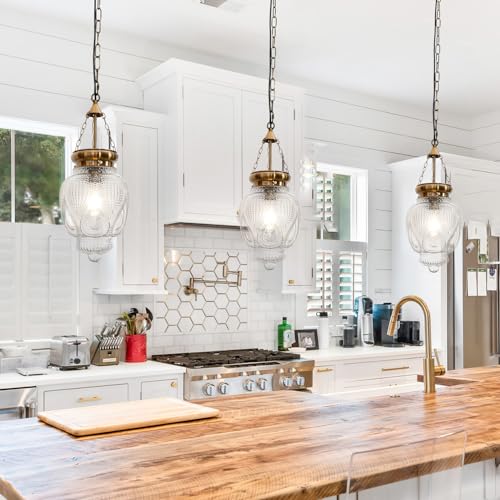 Oiyio Farmhouse Pendant Light, Vintage Brass Gold Pendant Lights Kitchen Island, Pendant Lighting For Island, Kitchen Island Lighting Over Sink, Modern Clear Glass Pendant Light Fixture For Kitchen Table thumb #7