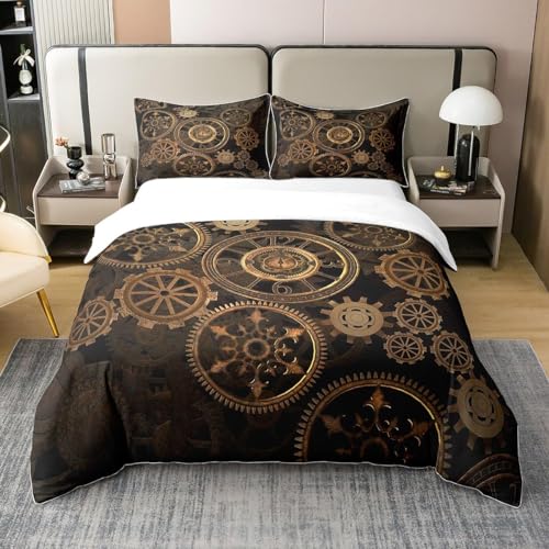 Homewish Parure de Lit 220x240 Coton Biologique, Ensemble de Literie Golden Ndustrial Gear, Housse de Couette Steampunk, Housse Couette À Thème Horlogerie...