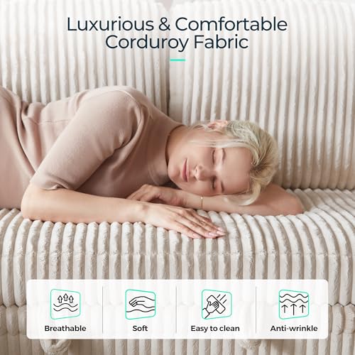 Image of LINSY HOME Modular Sectional Couch with Pull Out Bed, 81 inch L Shape(3 Seats) Sofa with Storage Chaise, Corduroy Convertible Sofa Bed, USB, Cup Holders, Side Pocket, Sleeper Sofa for Living Room, Beige