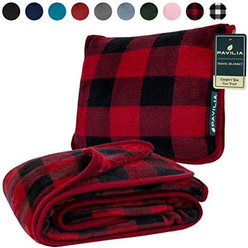 PAVILIA Fleece Travel Blanket Pillow | Large Portable Airplane Blanket with Luggage Strap