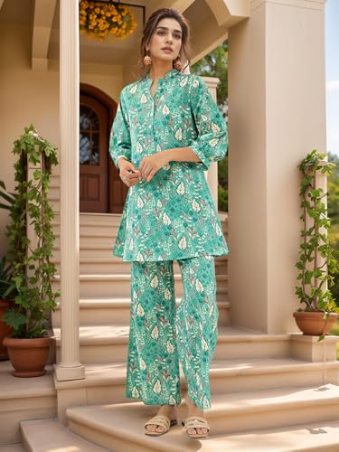 Image of NAINVISH Women Rayon Blend Floral Ethnic Co-Ord Set | Casual Wear Pant Top Set | Fancy | Full Pair Set | Co Ord Set Stylish | Winter | Top & Pant Set