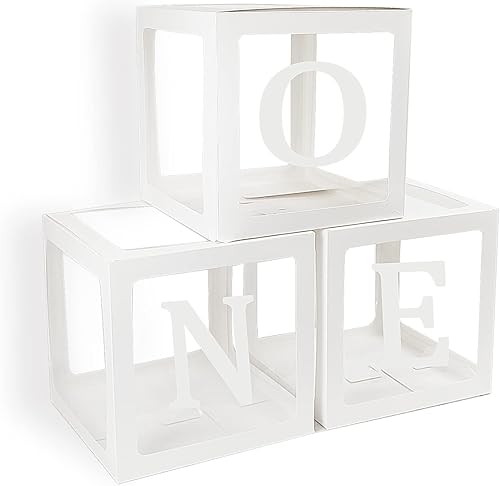 Cajas de globos de primer cumpleaños para niño o niña con letras "ONE" individuales, tres cajas cuadradas blancas transparentes para decoración de