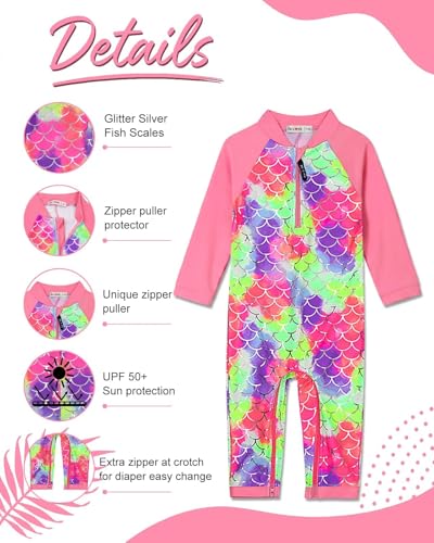 Image of weVSwe Baby Girl Toddler UPF 50+ Rash Guard Swimsuit Sun Protection Beachwear Zipper Bathing Suit 0-3 Years