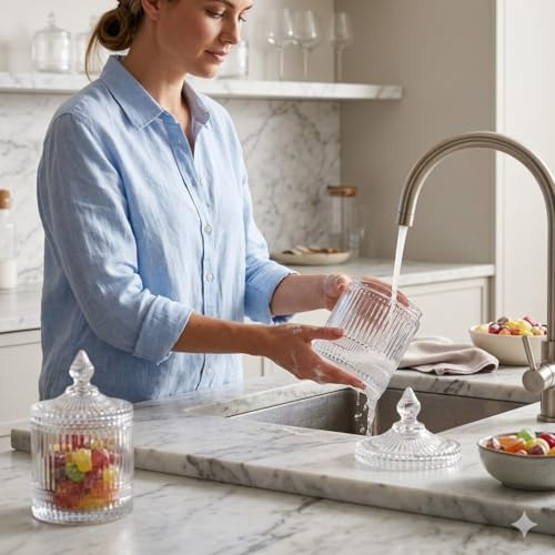 Image of bellemax Ribbed Glass Candi Jars 370 ML with Lid | Decorative Storage Jar for Candy, Cookies, Chocolates, Dry Fruits & Snacks | Airtight Glass Container for Kitchen Candy Jar Pack of 1