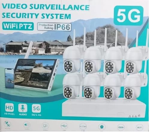 Kit Videosorveglianza Combo 8 telecamere PTZ WiFi Esterno, 8CH 5MP IP66 PTZ HD + NVR + Audio, con tecnologia 5G/2.4G, Telecamera Wi-Fi,Visione Notturna a Colori,Rilevamento Umano,Sirena Remoto Vista