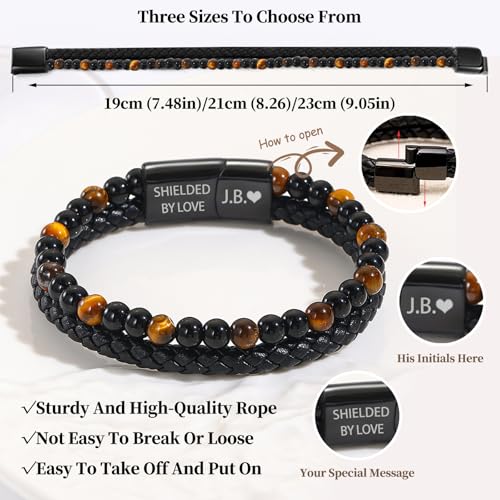 The Guardian - Son's Tiger Eye Protection Bracelet, Personalized Leather Black Beaded Bracelet with Engarved Name, Handmade Cuff Bracelets Men's Birthday Weave Gift Jewelry3