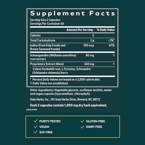 gaia herbs thyroid support - made with ashwagandha kelp brown seaweed amp schisandra to support healthy metabolic balance amp overall well-being - 120 vegan liquid phyto-capsules 40-day supply