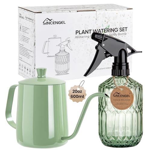 Sincengel Watering Can for Indoor Plants, 20 oz Metal Small Plant Watering Can with Long Spout for House Plants, 13.5 oz Glass Plant Mister Spray Bottle for Bonsai Garden Flowers Decorative (Green)