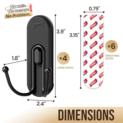 Image of TAILI Adhesive Double Hooks for Hanging, 4 Coat Hooks & 6 Strips, Black