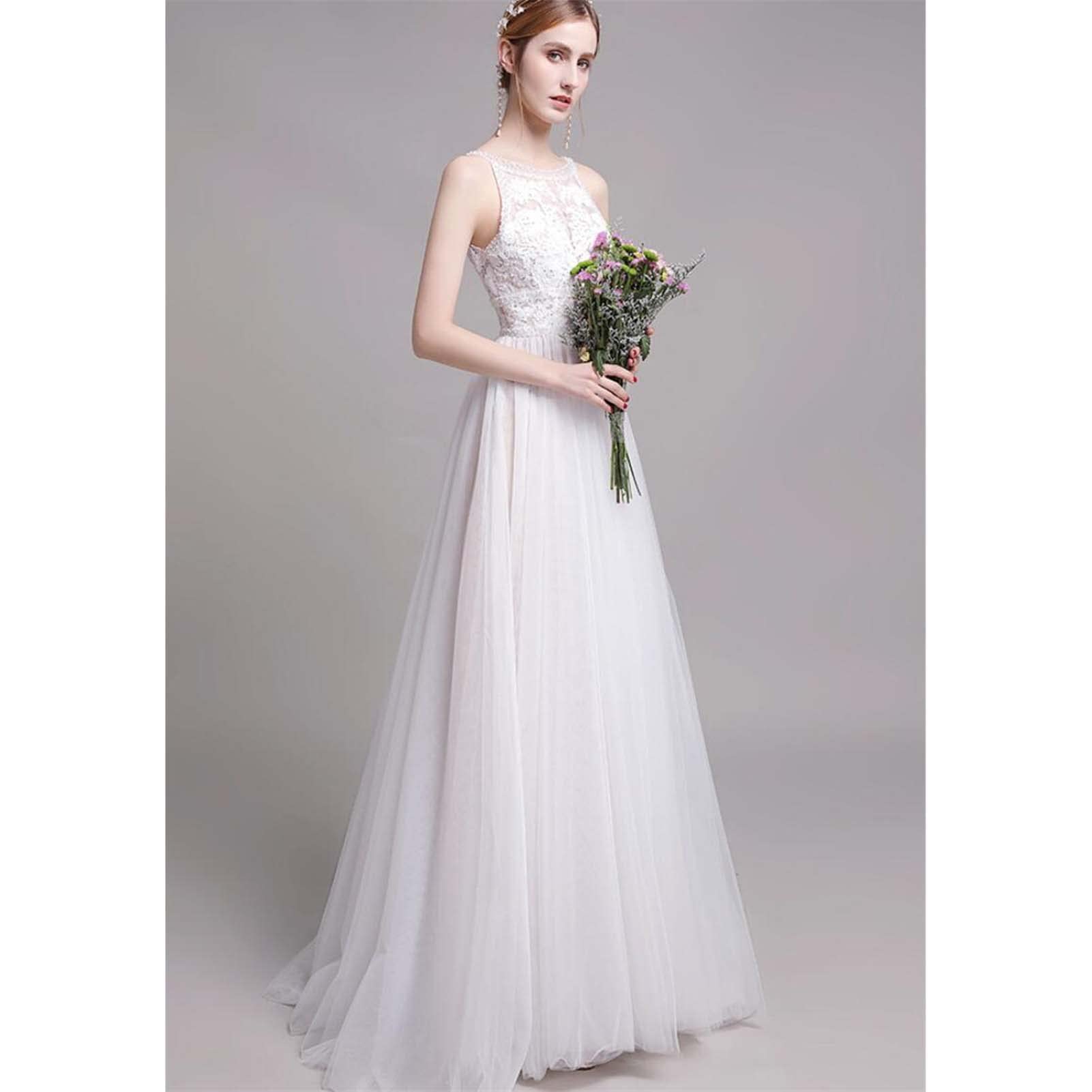 Vestido de Novia de Playa, Solo para Novias, Vestido de Novia sin Mangas con Calcomanías, Blanco, 4
