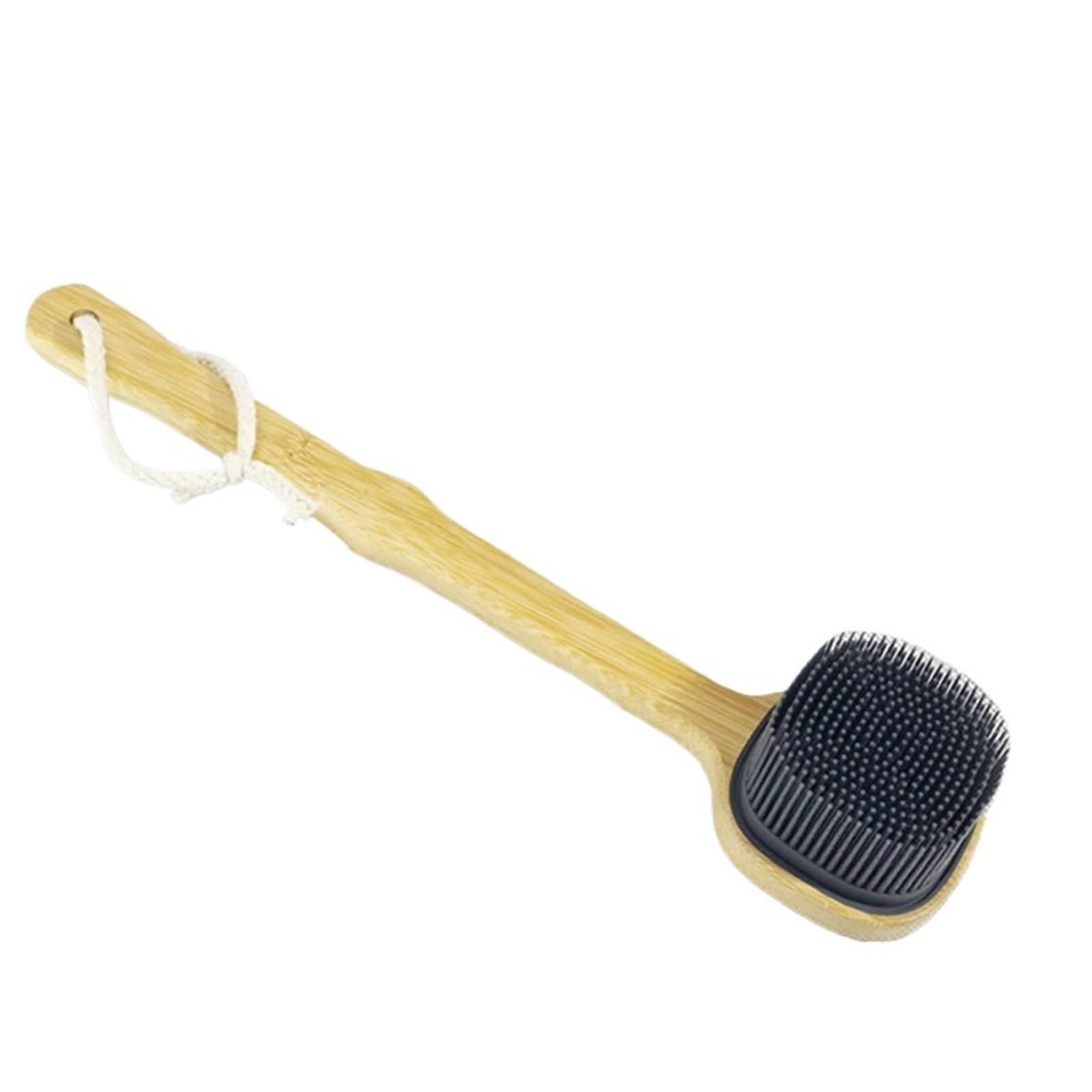 Cepillo Para La Espalda 2 uds cepillo de silicona frotador de espalda cepillo de ducha con mango largo de madera herramienta de limpieza de masaje corporal exfoliante de piel seca Per Il Bagno(Black)