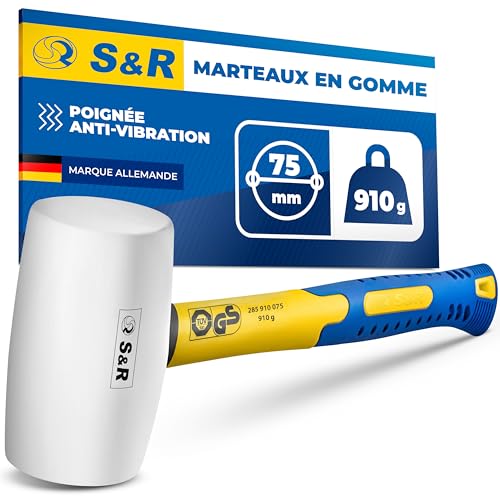 S&R Marteau Caoutchouc Blanc 75mm-910 Gr. Maillet en Caoutchouc sans rebonds professionnel manche en fibre de verre antidérapant. Marteau Carreleur pour Pavés, Carrelage, Camping. Certifié GS