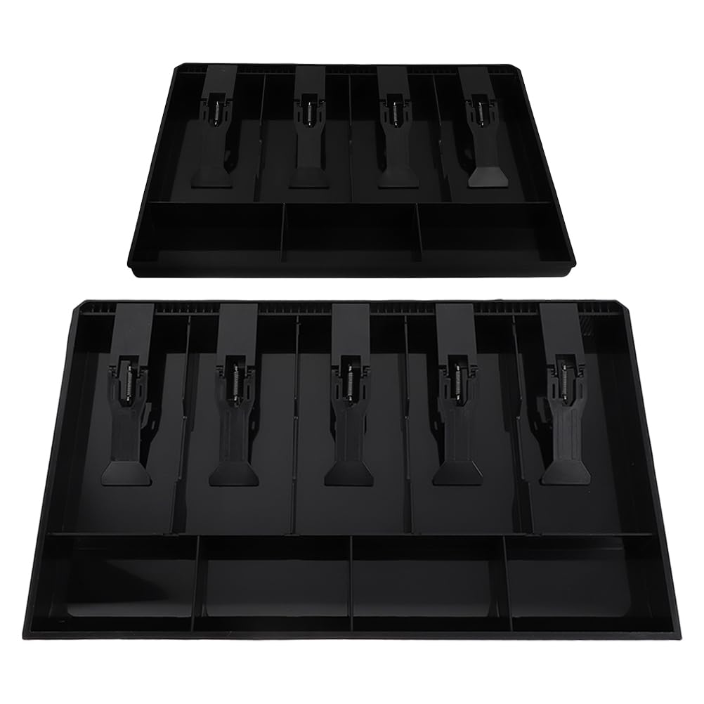 Bandeja Organizadora de Dinero para Caja Registradora, Plástico Negro | 2 Piezas, Diseño de Cajón con Compartimentos para Billetes y Monedas, Uso en Oficina y Papelería
