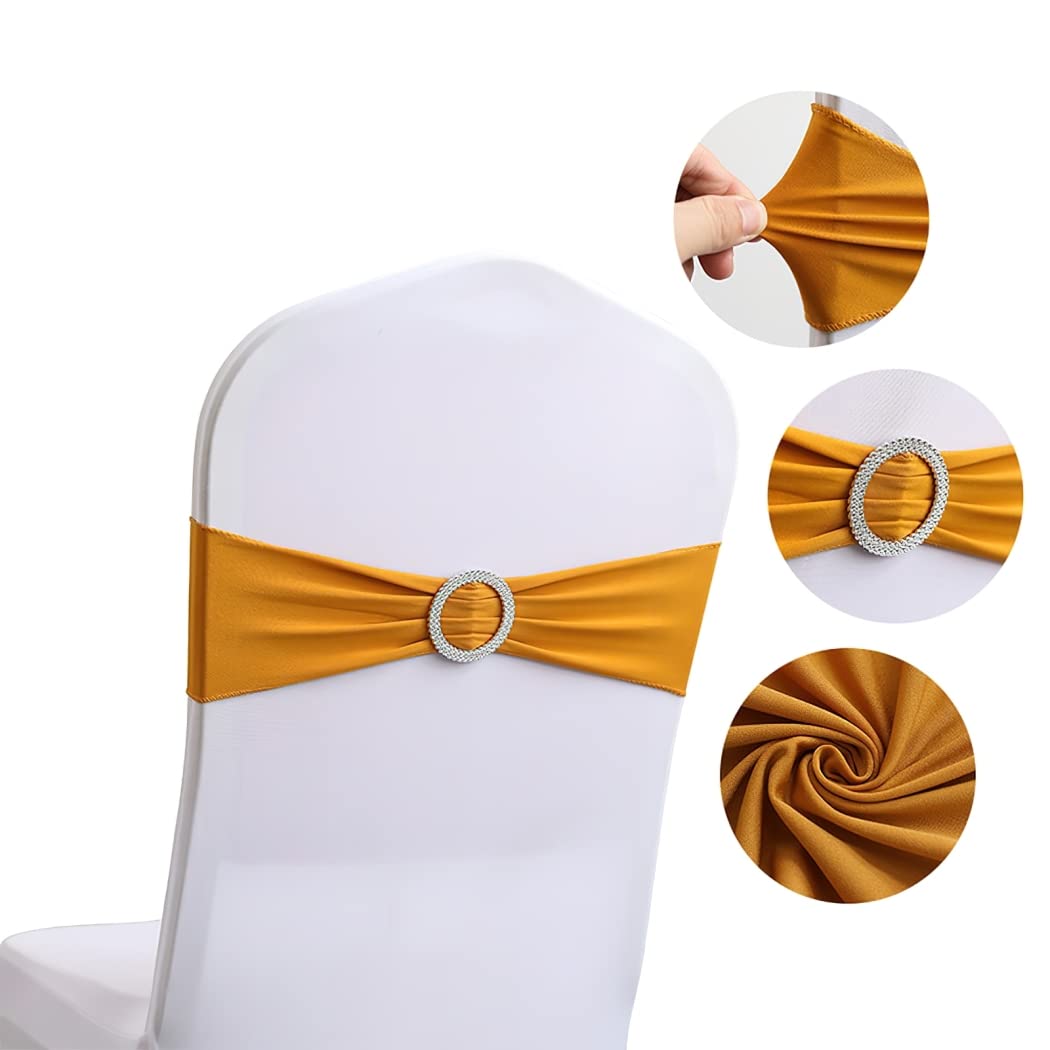 Wstążki na pokrowce na krzesła, Kokardy na krzesła z elastycznego spandexu z klamrą, wielokolorowe, 20/50/100 szt., na imprezy(Gold,100Pcs)