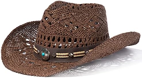 ANDORRA Mens Cowboy Hat Straw Cowgirl Hats for Women Woven Mens Cowboy Hats for Men Western Straw Cowboy Hats Womens Western Hat Women Cowgirl Hat Adult Coffee