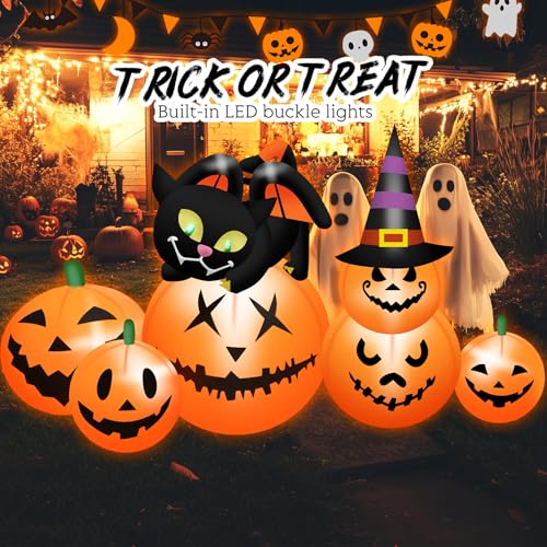 Hystun HY-CQM-NEW 5.8 Ft Long Halloween Inflatables Pumpkin Outdoor Decorations Blow Up Inflatables Pumpkin Patch With Black Cat & Witch Hat Build-In Leds Outdoor Blow Up Yard Decorations For Holiday Party Lawn Garden thumb #1