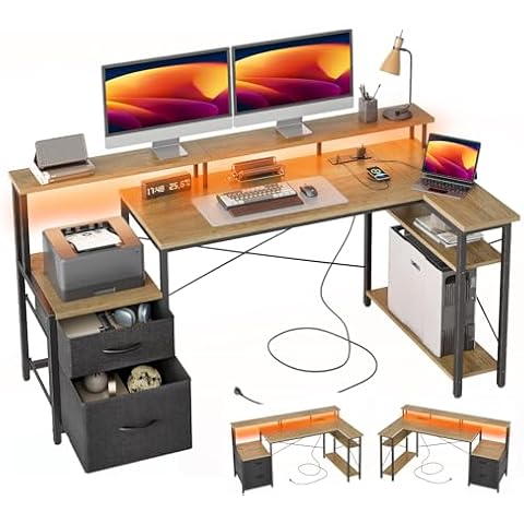 TIQLAB Computer Desk L Shaped with Drawers, 65” Gaming Desk with Power Outlets and LED Strips, Large L Shaped Corner Desk with Monitor Stand, Home Office Desk for Corner Space, Grey Cover