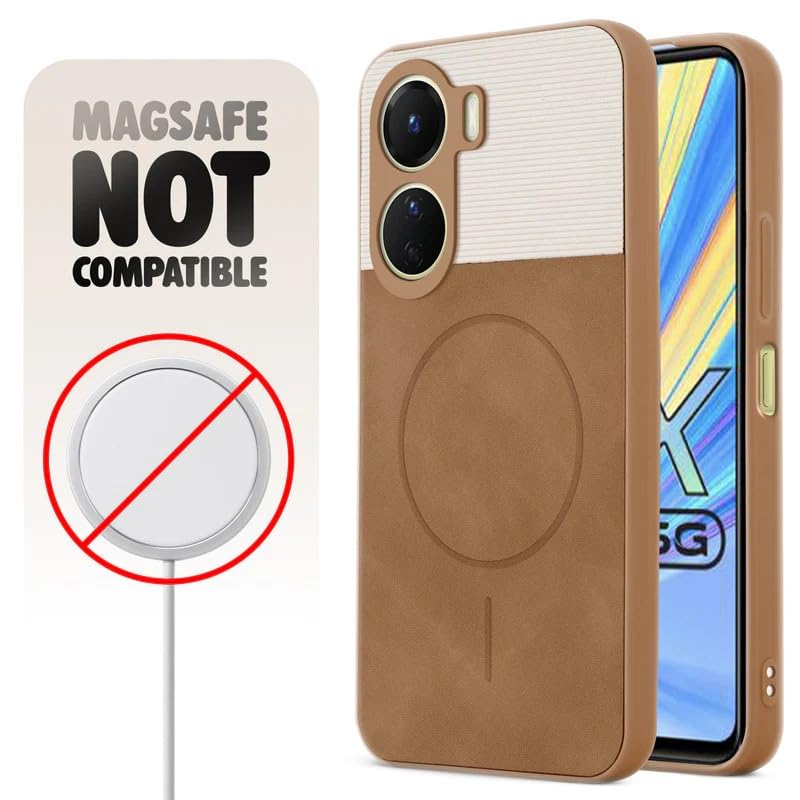 Image of Bintage case Dual-Leather Macc-Safe Design Phone Case| Soft Touch Finish | Full Camera Protectection Back Cover Compatible for Vivo V2312 / T2X 5G / Y56 5G - White & Nut Brown