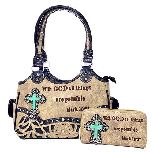 Image of Western Embroidery Scripture Women Rhinestone Cross Bible Verse Handbag Wallet in 5 Colors