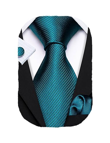 Image of Barry.Wang Tie Sets for Men Silk Stripe Necktie Woven Checkered Handkerchief Cufflinks Formal Business Wedding