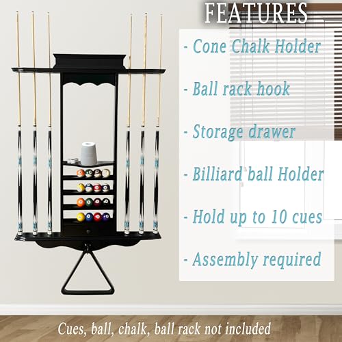 Premium Pool Cue Holder Wall Mount Holds 10 Sticks and Full Set Billiard Table Accessories. Billiards Pool Cue Rack Made of 100% Solid Wood with Cone Chalk Holder (Jet Black) - Image 5