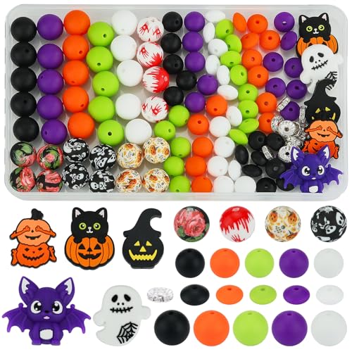WEWAYSMILE 121 Pcs 12mm 15mm Halloween Flower Silicone Beads for Keychain Making Printed Silicone Focal Beads for Pens DIY Beaded Pen Bracelet Necklace Jewelry Lanyard Making