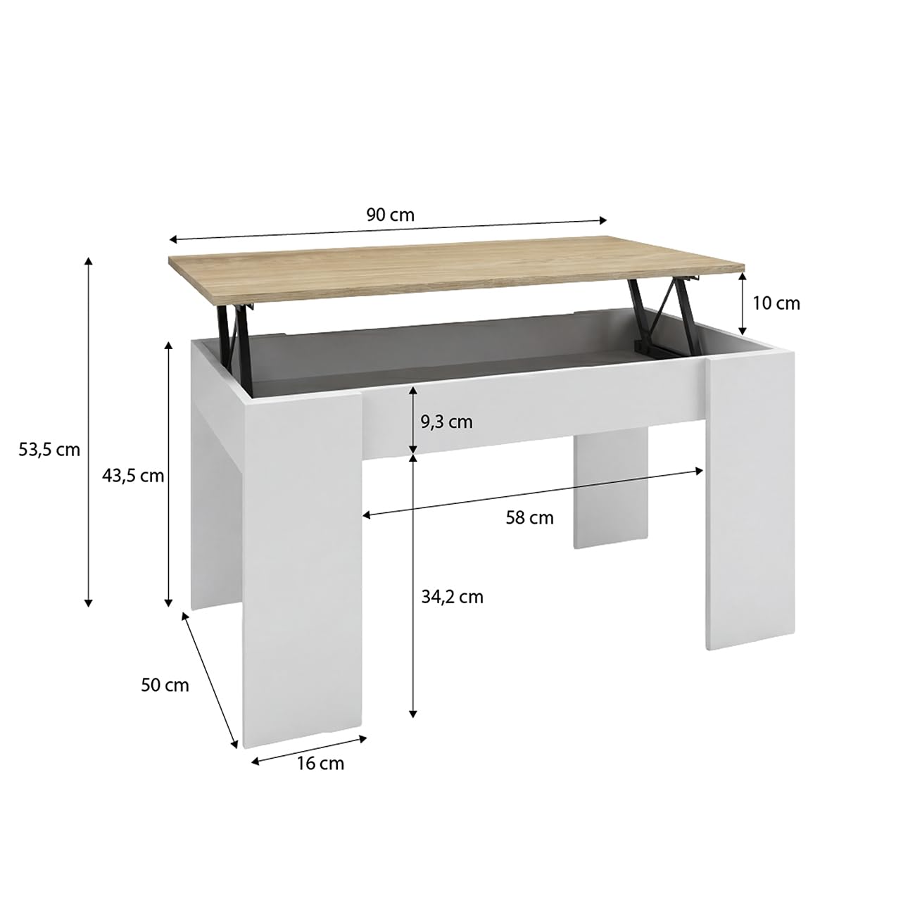 duehome | Mesa de Centro elevable, Mesita de Salón Comedor, Acabado en Blanco Artik y Roble Canadian, Modelo Norak, Medidas: 90 cm (Largo) x 50 cm (Ancho) x 45-53,3 cm (Alto)